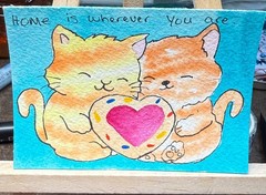 ACEO Handmade Original OOAK Signed (Not a Print) „Home Is“ Cats and Heart