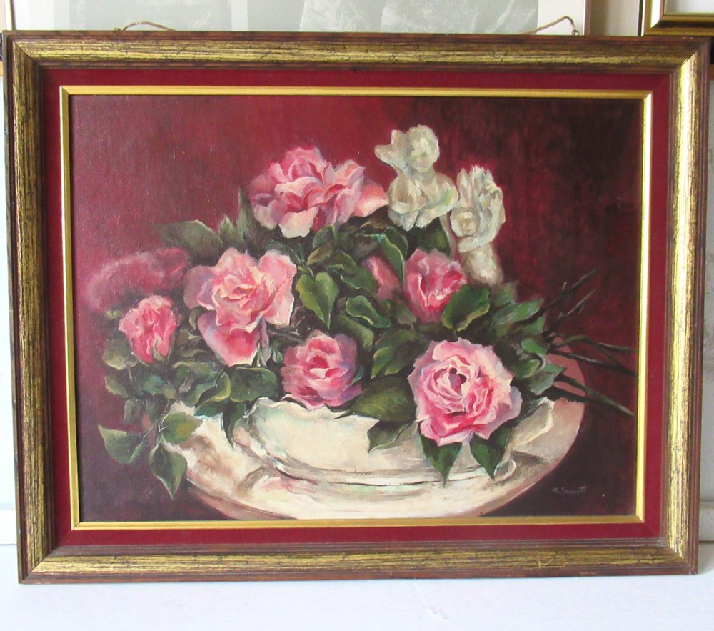 Framed Vintage Roses Oil Painting, Dark Moody Shabby Chic Floral Still Life.