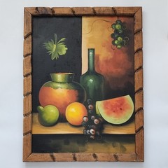 Vintage Still Life Oil Painting Original Fruit Wine Bottle Carved Wood Frame MCM