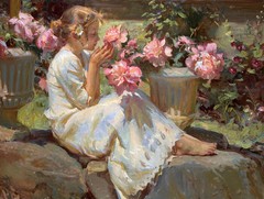 Beautiful Oil painting Nice Young girl smell the flowers hand painted canvas 36″