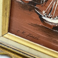 C.K Fang Acrylic Painting Vintage Gold Frame 13″ x 11″ Red Sky Boat Scene Set 2