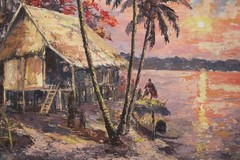 Chamnane Prisayne Oil on Canvas, Mekong River, c. 1971 Mid century, Vietnam