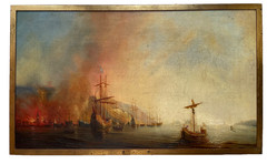 19th Theodore GUDIN – Antique Old Master Oil – Fire by the Coast – Boat and Ship