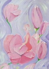 Magnolia.Morning dew. Acrylic painting in pink tones: flower and girl.