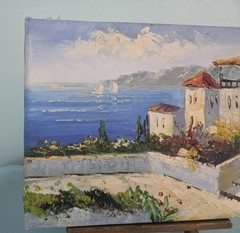 Original Mediterranean Seaside Sail Boats Oil Painting Small Canvas 8″ x 10″