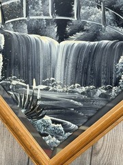Waterfall Landscape Painting On Mirror Signed By Tom Dunham 13.5 Inches By 13.5