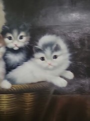 M.ROSE Cat Mom With Kittens In BASKET ORIGINAL OIL ON CANVAS PAINTING 24″x20.5″