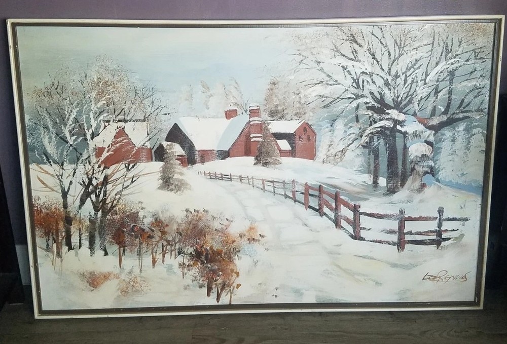 Original XL Lee Reynolds Snow Farm Oil Painting Signed, Framed 49″×32″