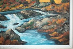Vintage Fall Landscape Oil Painting Hal Sautter Mountain River Waterfalls 31×39″