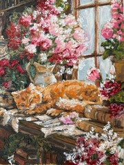 Orange Cat Original Art Still Life Wall Art Animal Oil Pastels Art Flowers Art