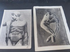 Classical Roman Male Nudes Monogrammed x5 Pencil Drawings Circa 1890