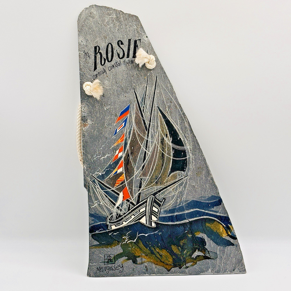 Anthony Star The Rosie Cornish Slate Art Ship Painting Signed 77 Mevagissey UK