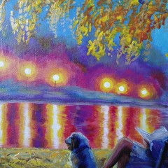 Original Acrylic Landscape Painting Lake Impressionist Woman Dog Wall Art Decor