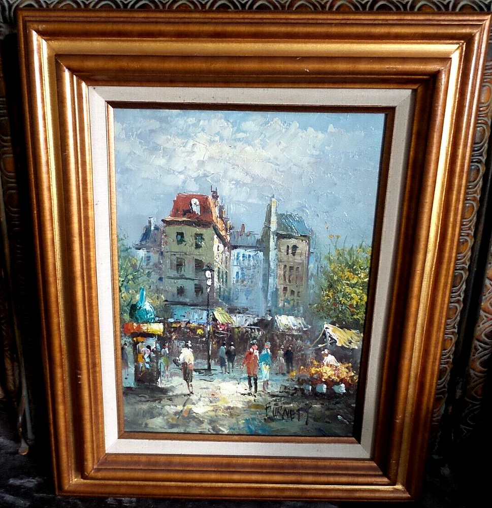 VINTAGE OIL PAINTING FRAMED „FRENCH MARKET PLACE“ SIGNED BURNETT