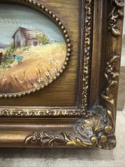 Vintage Pastoral Landscape Barn 2 Girls Oil Painting Beautiful GiltWood Frame