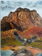 Unique Original Oil 18x24x1&3/8 Mountain Landscape  LakesScene Eagles „Magestic“