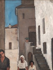 Post-War Realist Oil Painting signed Old Italian Village with Female Figures