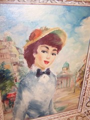 Pair Vintage Signed Paris French Lady Street Scene Oil Paintings Wood Frames