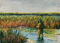 Original Oil Painting Fisherman in Marsh Wetland Landscape 12×16 Andy Semberecki