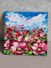 original oil painting Red Poppy Wildflowers Floral Landscape wall art 6*6 in
