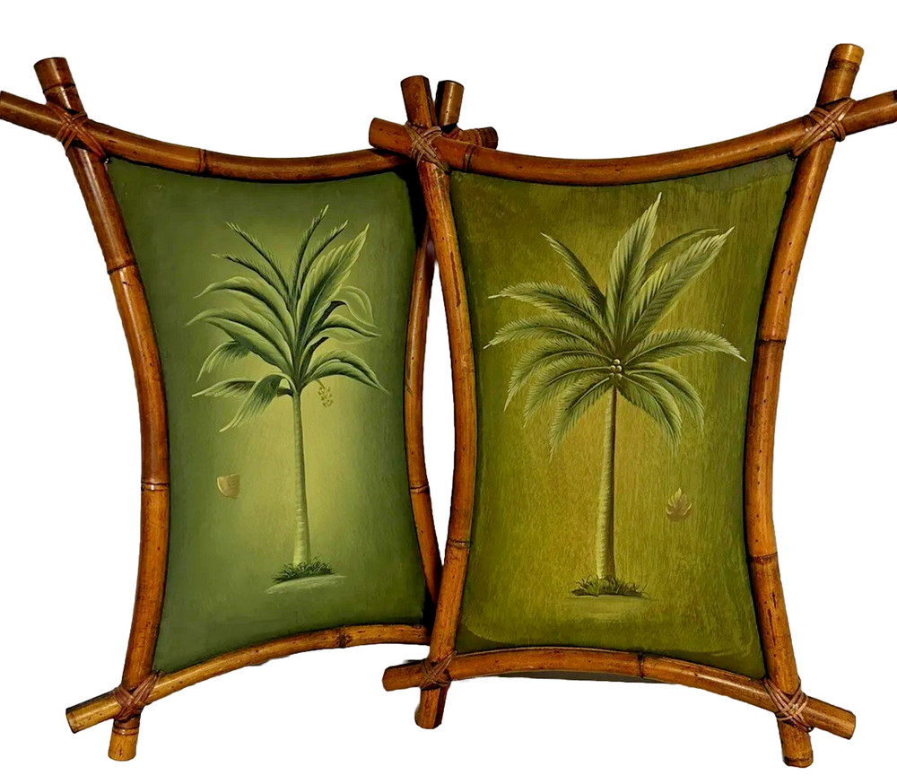Vintage Tiki Bamboo Framed Adirondack Palm Tree Oil Paintings 1940’s-50’s
