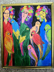 Hand Painted Acrylic on Canvas Painting „Three Sisters with Parrots“ . Signed.