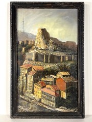 Mid Century Modern Vertical Oil Masonite Impasto Cityscape Painting Tblisi Frame