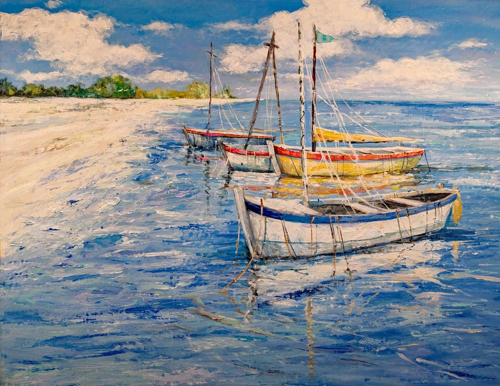 Original Acrylic Painting Coastal Boats Scenery on Canvas by Kanayo Ede 36”x 48″