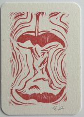 aceo original art by Emily Beck, mini linocut, Apple Print 3,3.5 x 2.5 in