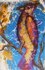 Abstract Contemporary Pour Painting Cardinal Bird Original Metallic Paint Gold