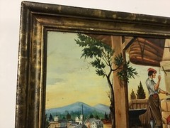 Antique Folk Art Oil/Wood Panel Blacksmith With Town in Background