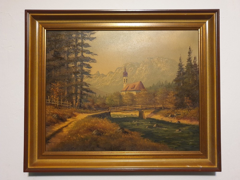Original Oil Painting Landscape Village Church Signed 49x59cm Oil On Canvas Picture
