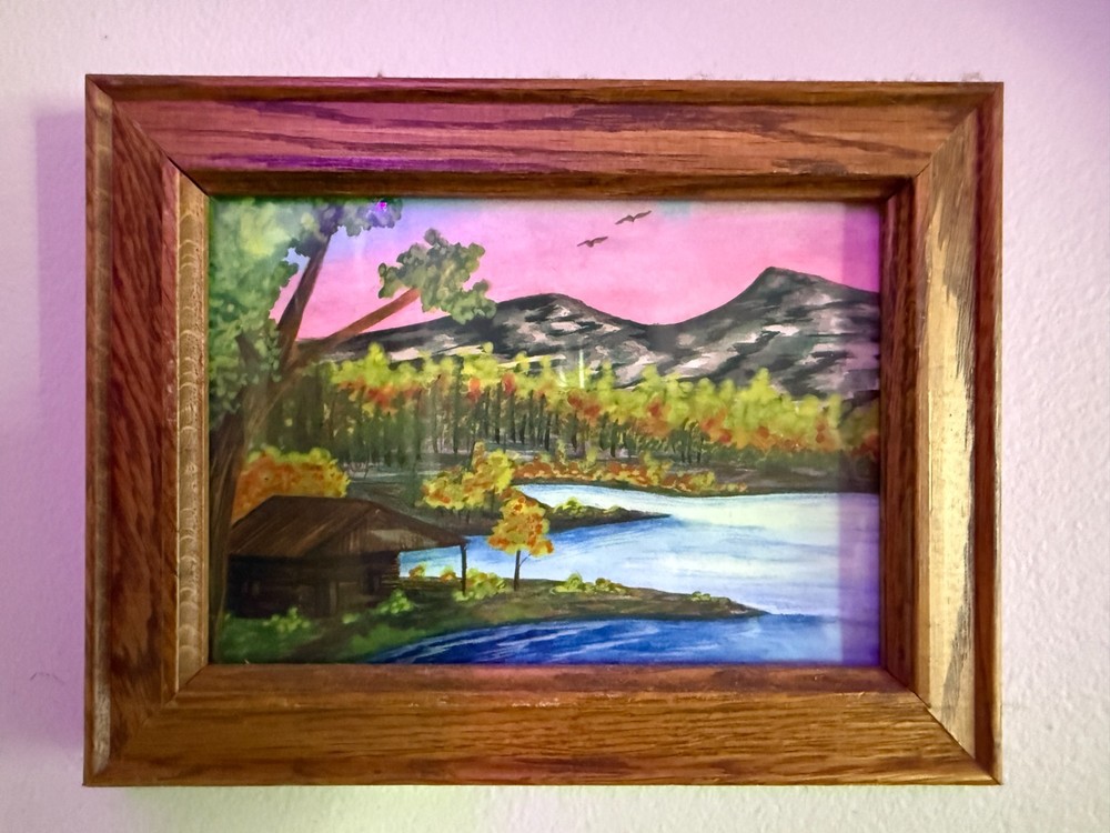 Cabin by the Lake 5″x7″ Water Color Framed Natural Wood Nature Mountain Painting