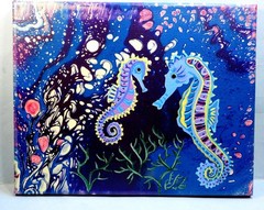 8 x 10″ Seascape Acrylic Painting Seahorse Couple with Seaweed Paint Pouring
