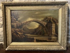 Oil On Panel 19th Century Depicting A Bridge Label On The Back And Signed