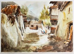 VINTAGE WATERCOLOR PAINTING PAPER SIGNED MENDEZ SOUTH AMERICA VILLAGE PERU CUSCO