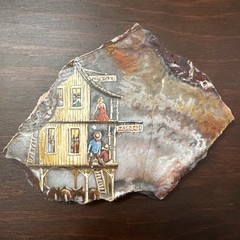 Vtg Miniature Painting Agate Stone Slice Wood Brothel Western Cowboys Saloon