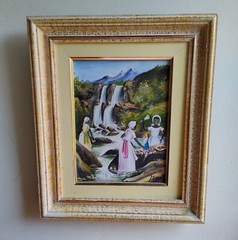 Caribbean Folk Art Oil Painting of women in a mountain stream signed Miro