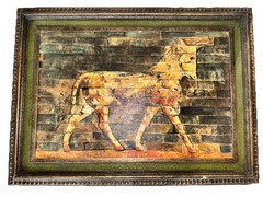 Hand Textured Repro Canvas Print VTG Painting Ishtar Gate Babylon Horse 27 x 37”