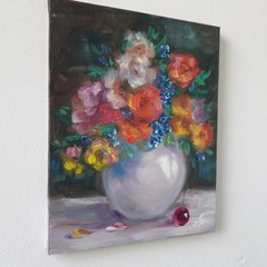 Vibrant Floral Bouquet Original Oil Painting White Vase Still Life Wall Decor