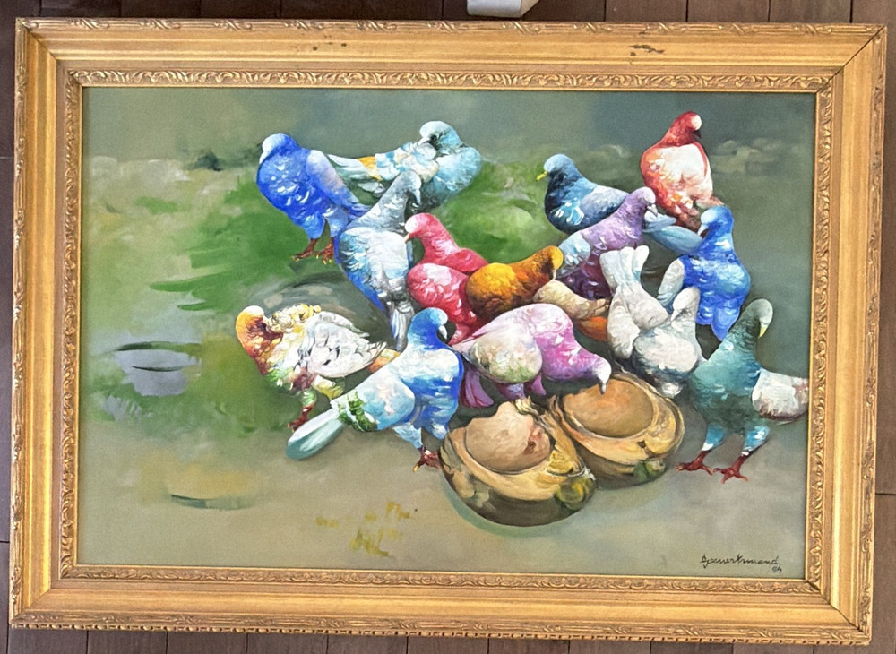 Gesner Armand Haitian Framed Painting Colorful Pigeons Birds Realism, Medium