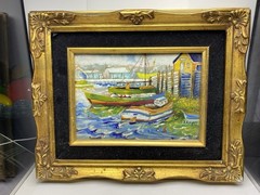 J. Kooper „Dockside“ Signed Enamel on Copper Harbor Painting, Matted & Framed