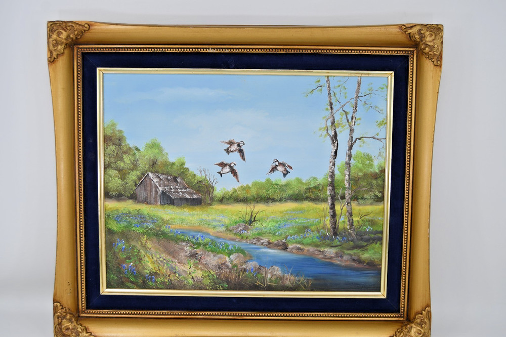 Texas Hill Country Oil Painting Landscape River Ducks Birds Cabin Creek Vintage