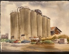 Mid Century Modernist watercolor Painting of grain elevators circa 1940s 50s