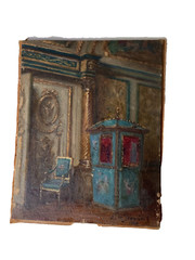 19thC Leonce De JONCIERES (1871-1952) Sedan Chair Interior Castle Versailles Oil