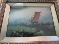 2 Framed Antique Nautical Oil Paintings with Sailboats on Board