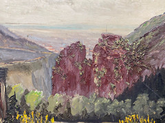 ::OIL PAINTING INDISTINCT. MONOGR.HUNTER STAND ON THE PLATFORM IN FRONT OF RED MOUNTAIN WALL