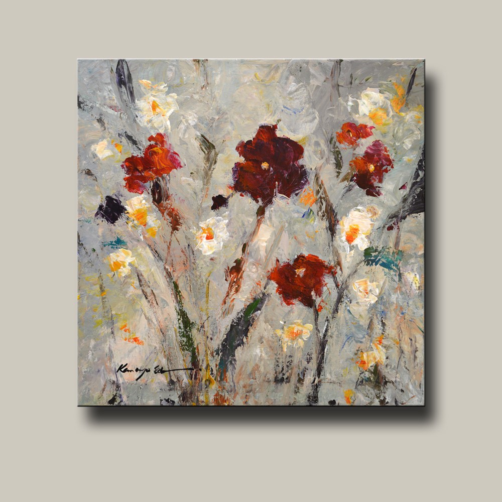 Acrylic on canvas Red and Yellow flowers floral painting. Original art