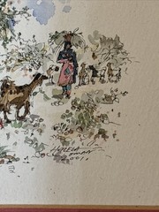 Ink And Watercolor Painting By Halila Oman, African Landscape, Women, Goats 🐐