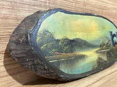Live Edge Wood Slab Painting French Castle Lake Bridge Landscape 15” Vintage